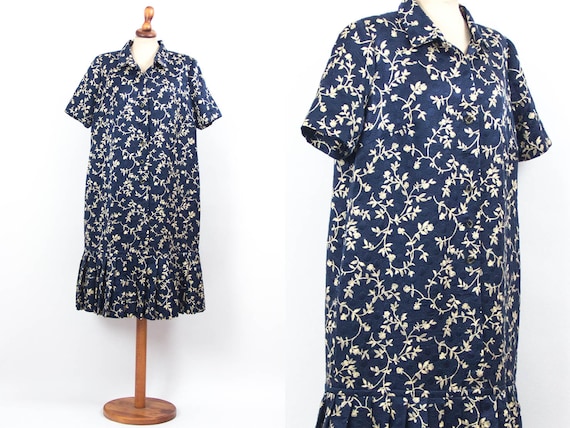 40s Summer Dress, Vintage 1940s Dress, Blue White