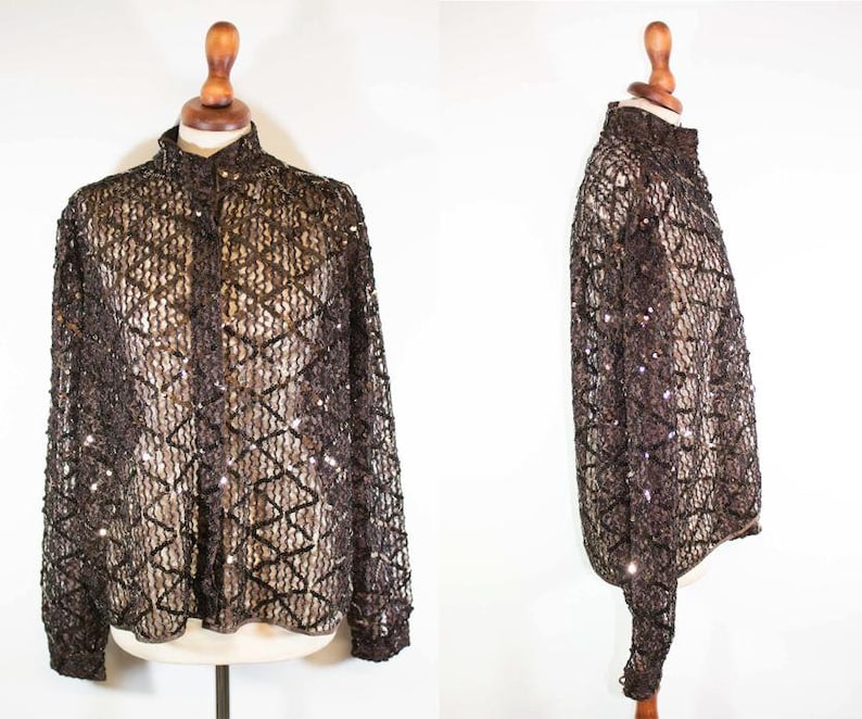 Vintage shirt 70s Brown sequin top brown sequin seventies blouse See-through top
