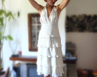 White Dress, Silk, Vintage White Dress, Flounced Dress, Flounced Silk White, 90s Vintage, French Style, Boho