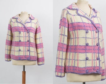 60s Vintage, Wool Cardigan, Hand Knitted, Handmade, Button Pullover, Pink White, 60s 70s, Size Medium