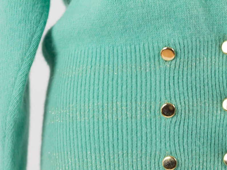 Wool Angora Long Sleeves Gold Color Buttons Size M Eighties Jumper 80s Vintage Cardigan Cozy Sweater Teal Color