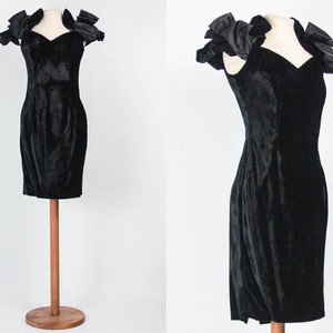 Cocktail Dress Black, 80s Vintage Dress, 1980s Fashion, Black velvet Dress, Bow, Funny Dress, Roberta