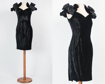 Cocktail Dress Black, 80s Vintage Dress, 1980s Fashion, Black velvet Dress, Bow, Funny Dress, Roberta