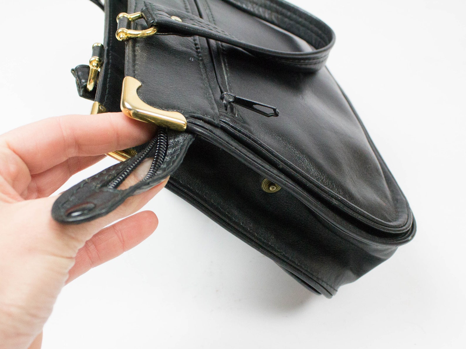 70s Vintage Bag Black Color Genuine Leather Handles Bag Etsy