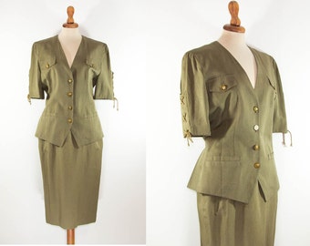 Louis Feraud Vintage Skirt Suit,70s, late Seventies Peplum Jacket Pencil Skirt, Silk Linen, Elegant Business suit