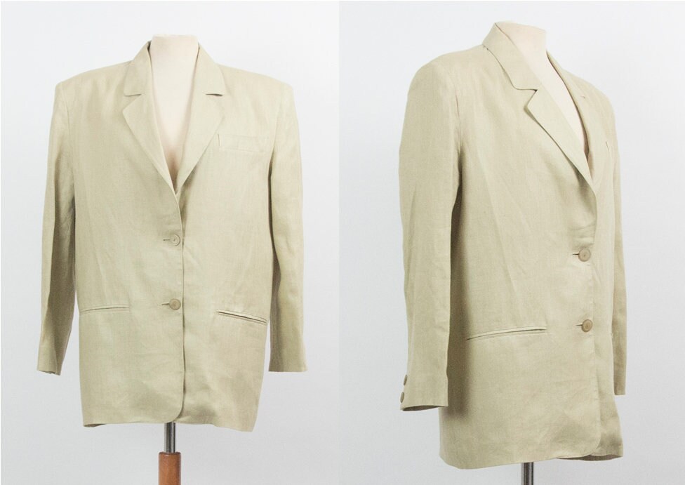 80s Linen Blazer, Beige Color, Long Sleeve, Wide Shoulders