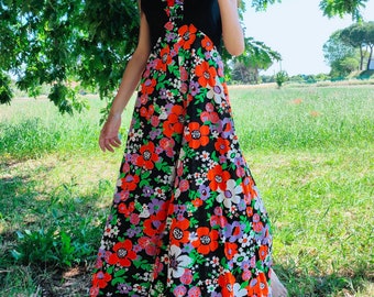 70s Vintage Dress,  Floral Printed, Maxi Dress, Black Orange Green, Boho Chic, Size Large, Maxi Floral