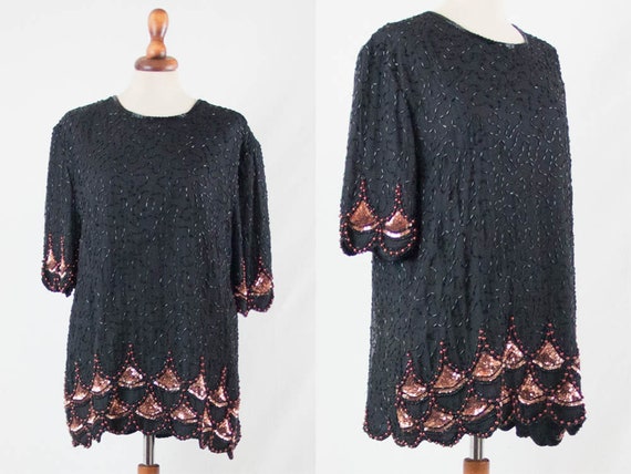 vintage 80's blouse, 1980s beaded tunic, evening … - image 1