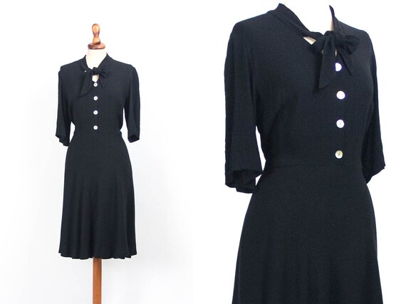 40s Black Dress, Vintage Forties Dress, Rayon Mate