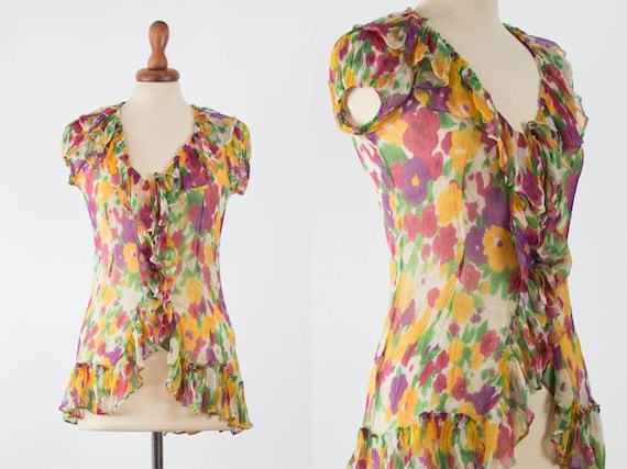 Silk Blouse, 1990s Floral, Flowers Vintage Top, F… - image 1