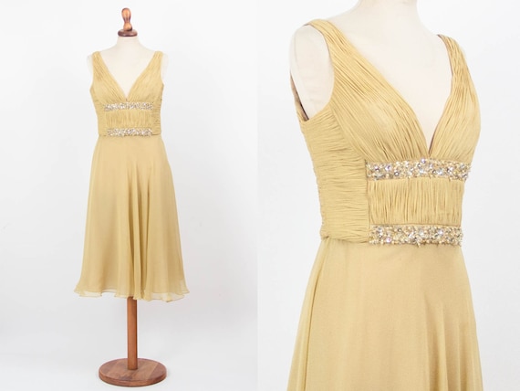 Vintage Silk Dress, Gold Yellow Dress, Rhinestone,