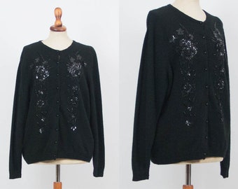 50s 60s Sweater, Black Cardigan, Vintage Top, Beaded Cardigan, Black Color, Buttons Sweater, Size L