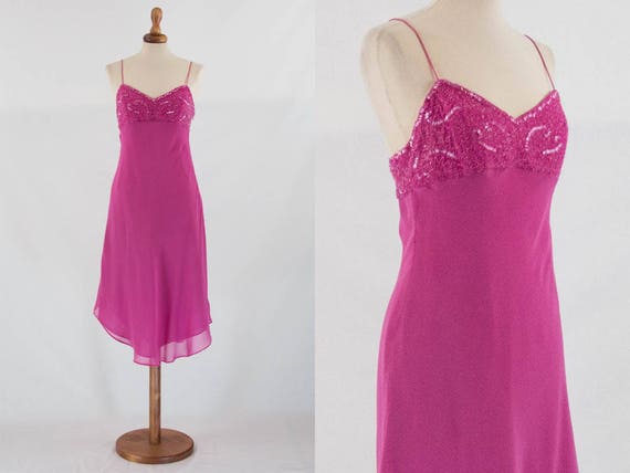 1990s vintage dress, fuchsia dress, sequin pink d… - image 1