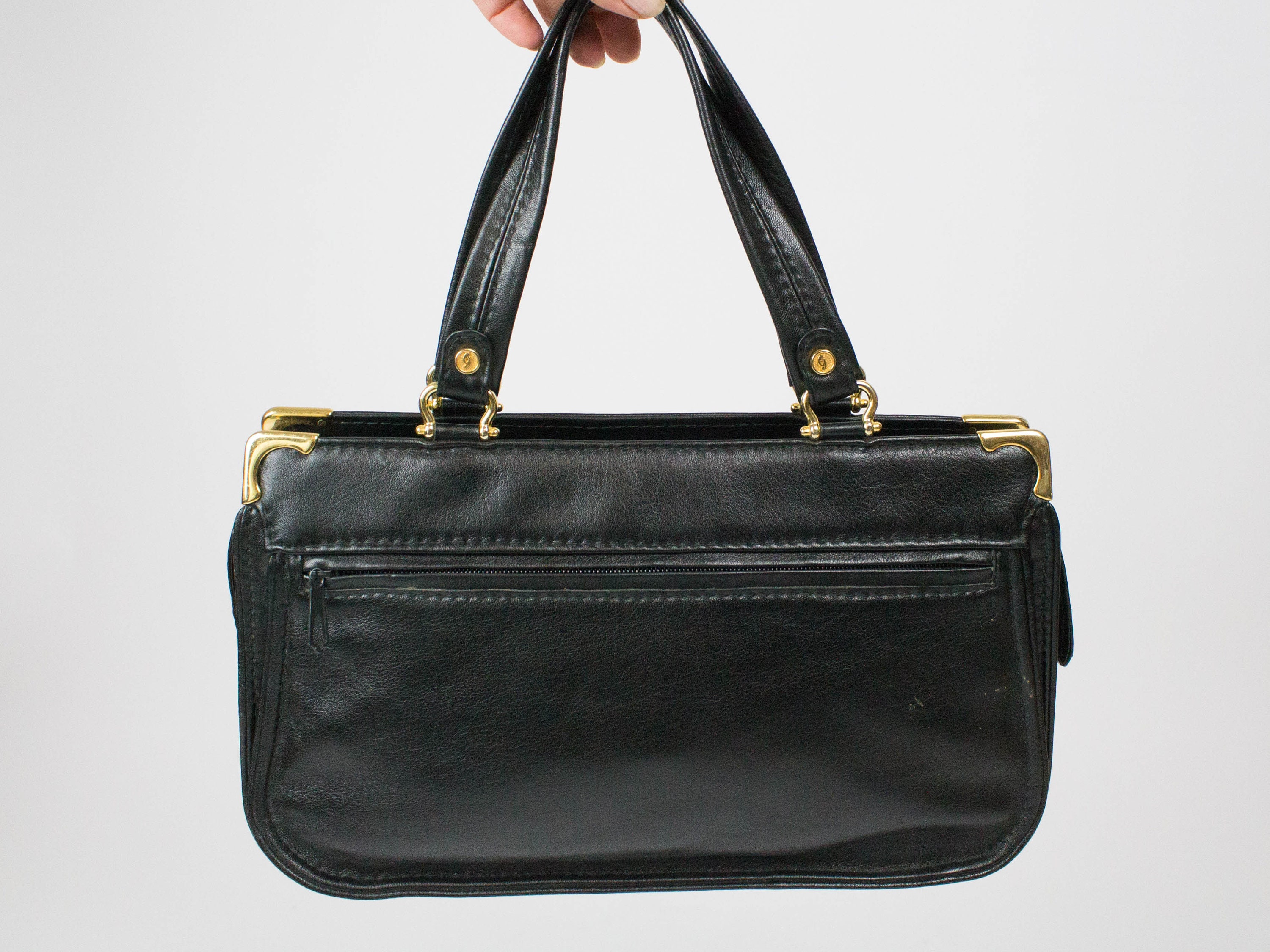 70s Vintage Bag Black Color Genuine Leather Handles Bag Etsy
