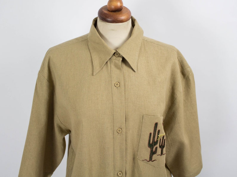 Beige Color Embroidered T Shirt made In Italy 80s Vintage Blouse Size L Short Sleeves Positano Kaki Top Safari Style