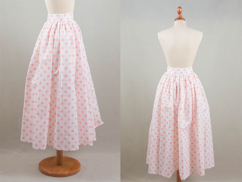 Size M Fifties Skirt Flared Skirt White Pink Polka Dot Vintage Original Fabric 50s Style Skirt 1950/'s Flared Skirt Polka dot Skirt