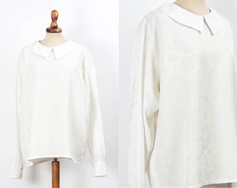 Long Sleeve White Shirt, White Silk Blouse, 60s Vintage Blouse, White Shirt, Brocade, Vintage White Blouse, Size L