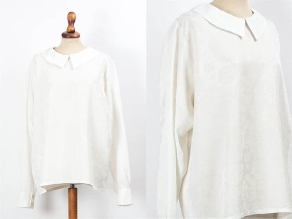 Long Sleeve White Shirt, White Silk Blouse, 60s Vi