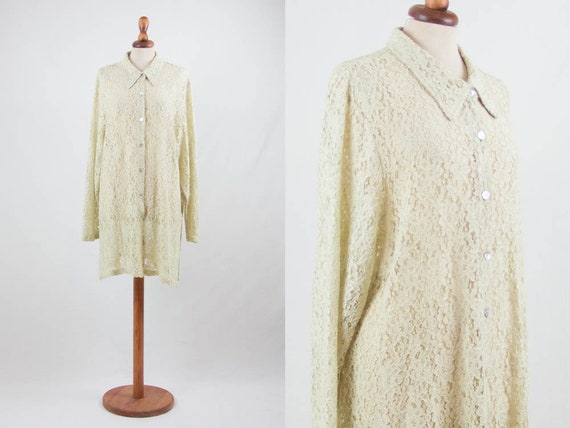 90s Vintage Blouse, 1990's Dress, Lace Shirt Dres… - image 3