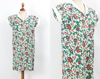 Vintage Floral Dress, Boho Dress, Festival Dress, White, Designer Style, 60s 70s Vintage, Size Medium