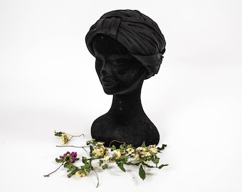 Vintage Turban Black Hat, 50s 60s Authentic, Fifties Hat, Ceremony Hat, Elegant Formal, Tailored, Size Small