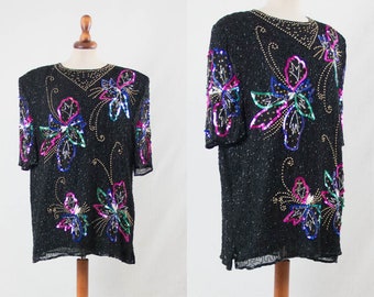 1980s vintage blouse, sequined shirt, handmade, beaded blouse, disco, floral sequin, beads, silk, short sleeves, eighties blouse sequins