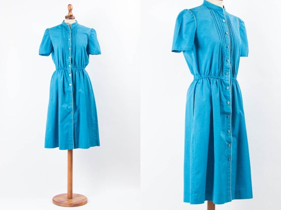 70s Vintage Dress, 40s Style Dress, Turquoise Blue