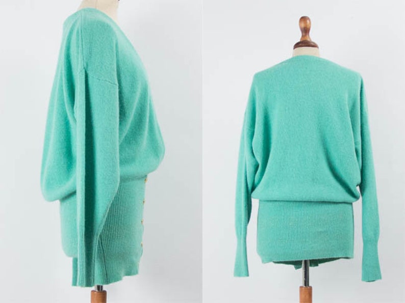 Wool Angora Long Sleeves Gold Color Buttons Size M Eighties Jumper 80s Vintage Cardigan Cozy Sweater Teal Color