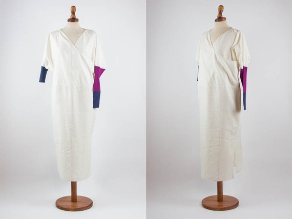 80s Vintage Dress, Cotton Linen, V Neck Dress, Asy