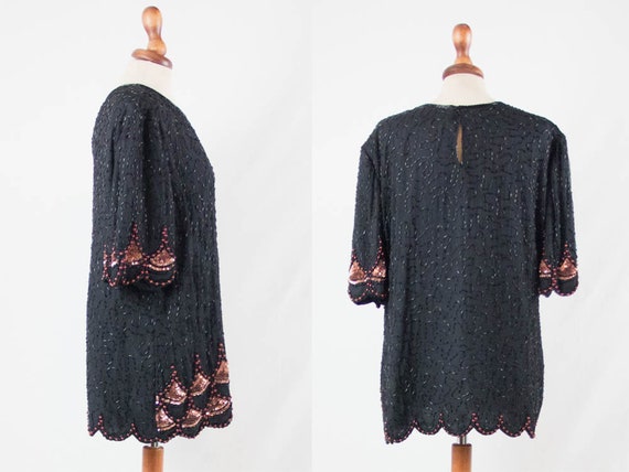 vintage 80's blouse, 1980s beaded tunic, evening … - image 2