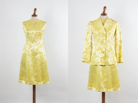 60s Yellow Suit, Brocade Flowers Dress, 2 Pieces … - image 1