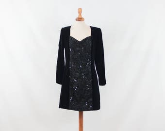 Long sleeved black lace dress / Sequin / Velvet / Size M