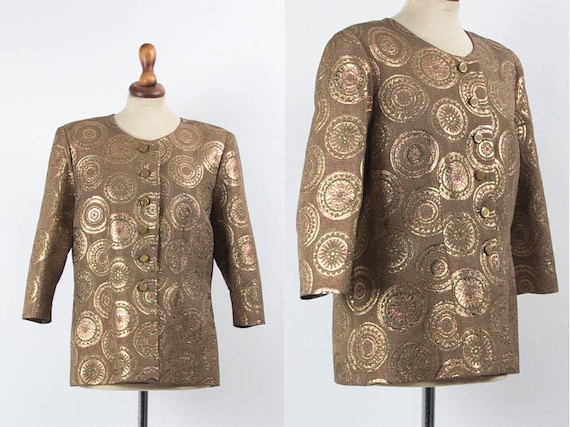 60s Vintage Blazer, Metallic Blazer, Brown Gold C… - image 1