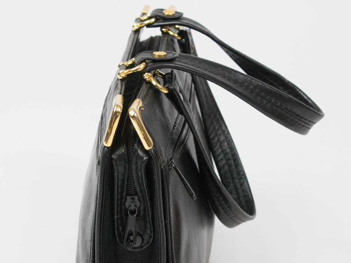 70s Vintage Bag Black Color Genuine Leather Handles Bag Etsy