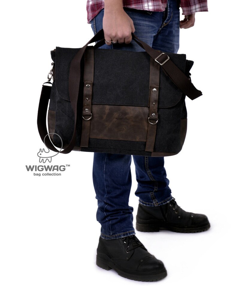 Canvas Leather Laptop Bag Men's Briefcase Tablet Bag Etsy