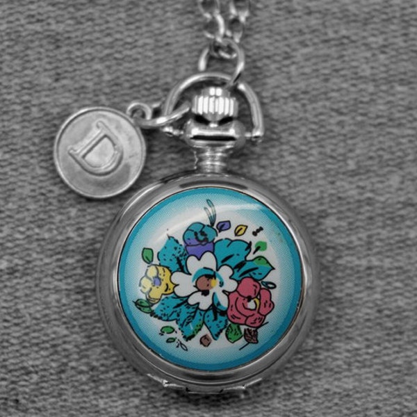 Flower Pocket Watch Silver Round Floral Locket Watch Fob Womens' Pocket Watch Pendant 28mm  -Mirror Inside, for Gifts