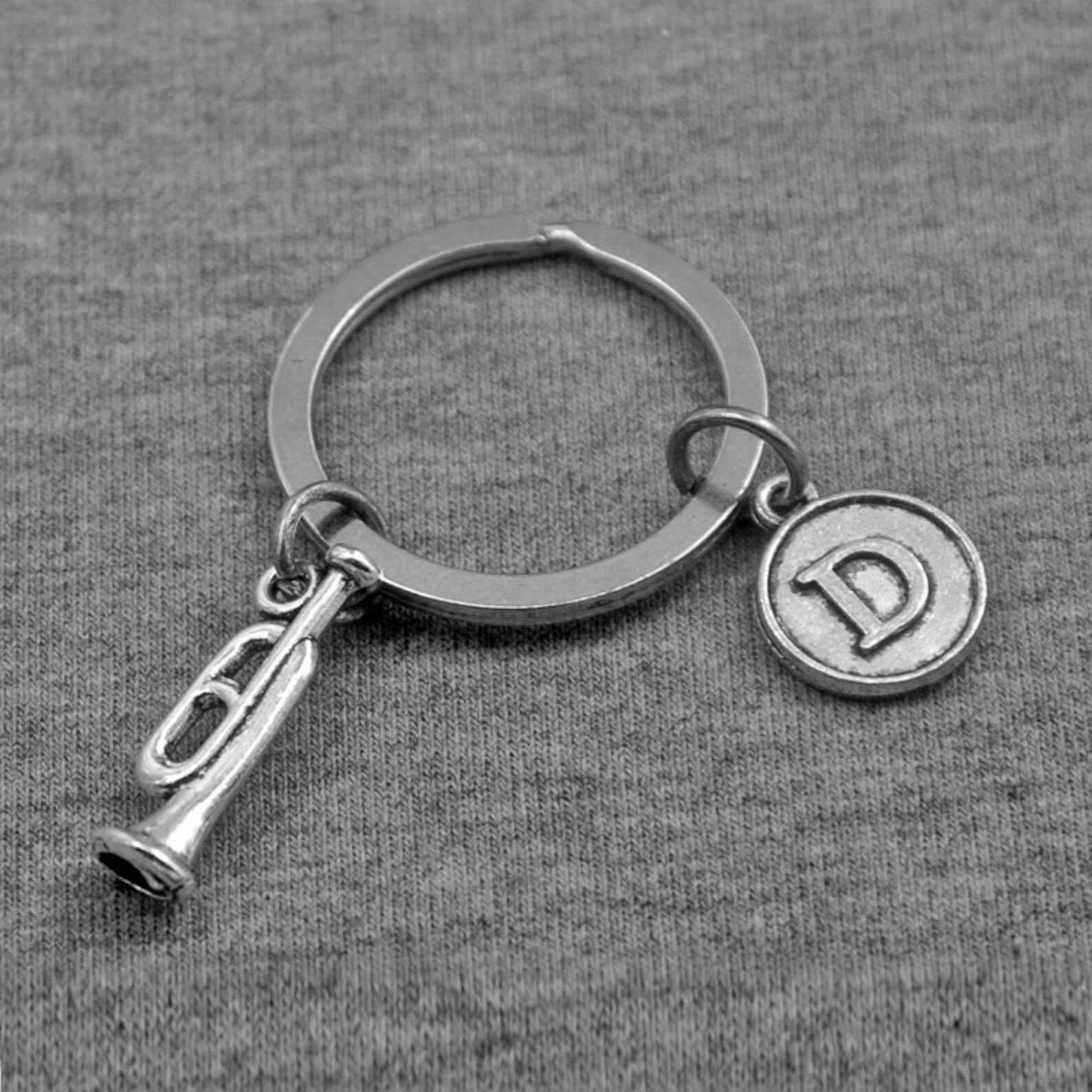 Silver Trumpet Key chain KeyRing Initial Keychain Etsy