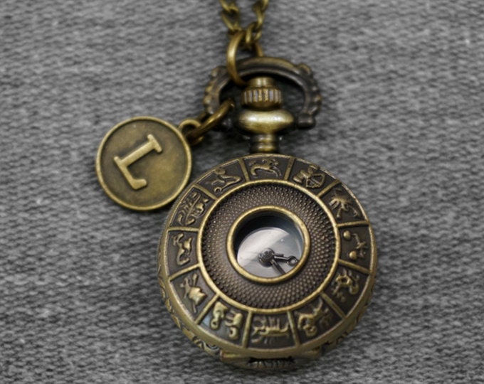 Zodiac Pocket Watch Antique Bronze Small Star Sign Round Watch Etsy