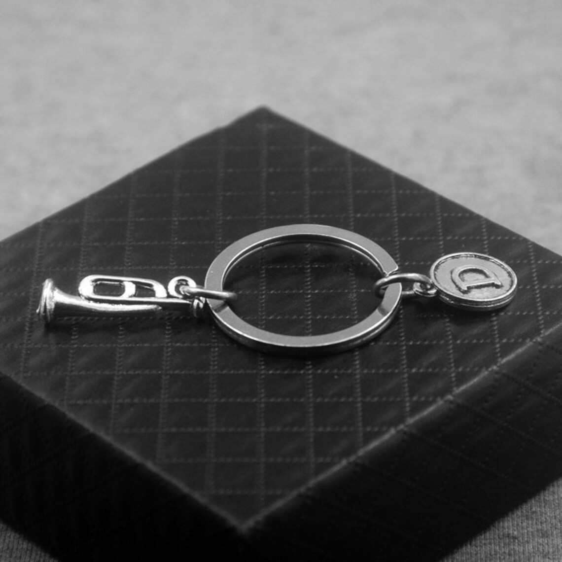 Silver Trumpet Key chain KeyRing Initial Keychain Etsy