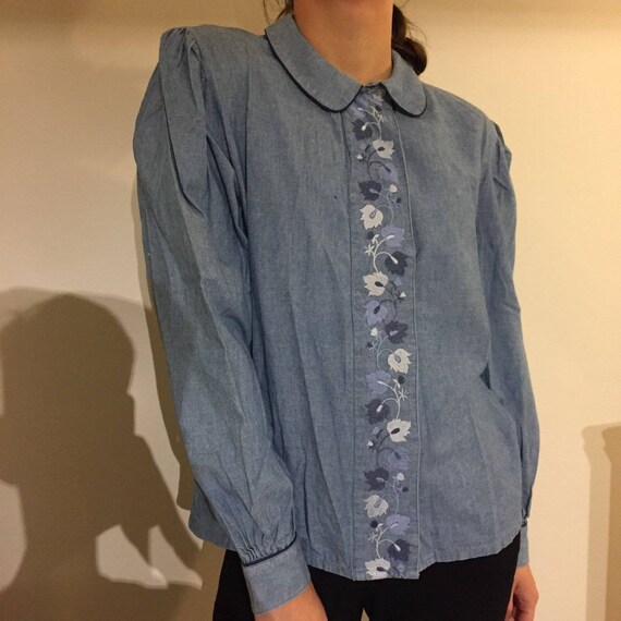 Denim Style Blue Shoulder Pad Round Collar Blouse With Embroidered