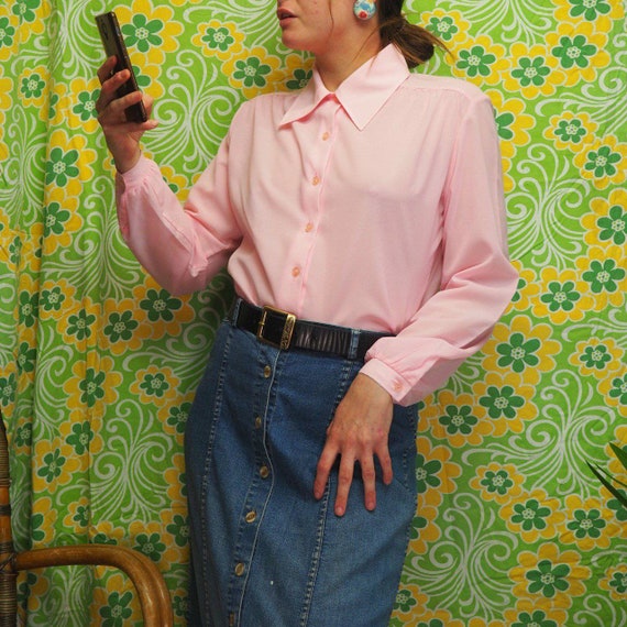 1970s Pink Shirt Blouse Dagger Collar