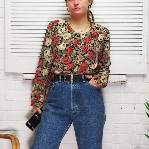 1980s Floral Flowery Blouse Shirt Long Sleeve