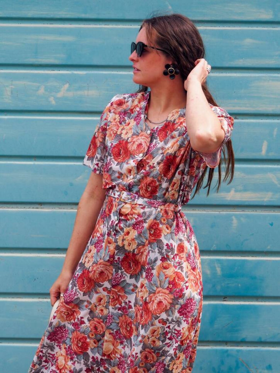 1980s Orange Floral Dress Vintage Dress Tea Dress Short Sleeve Etsy