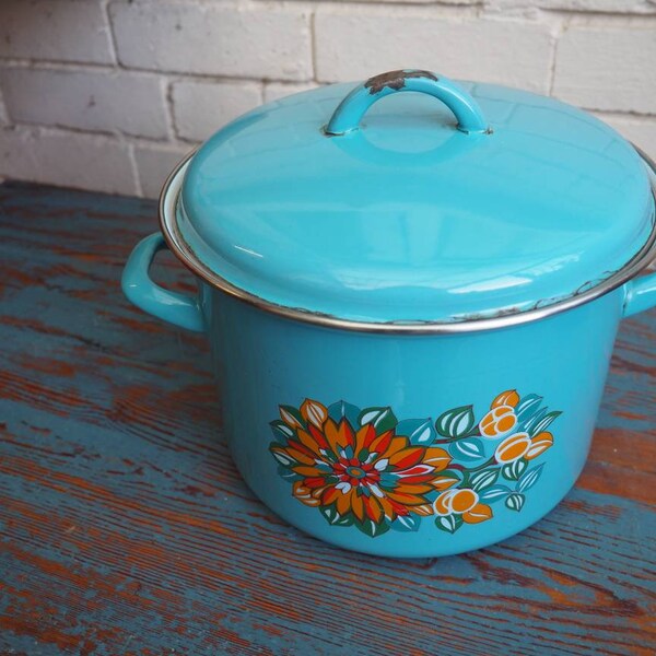 Vintage Mid Century Blue Enamel Lidded Cooking Pot Casserole Pot Decorative Pot