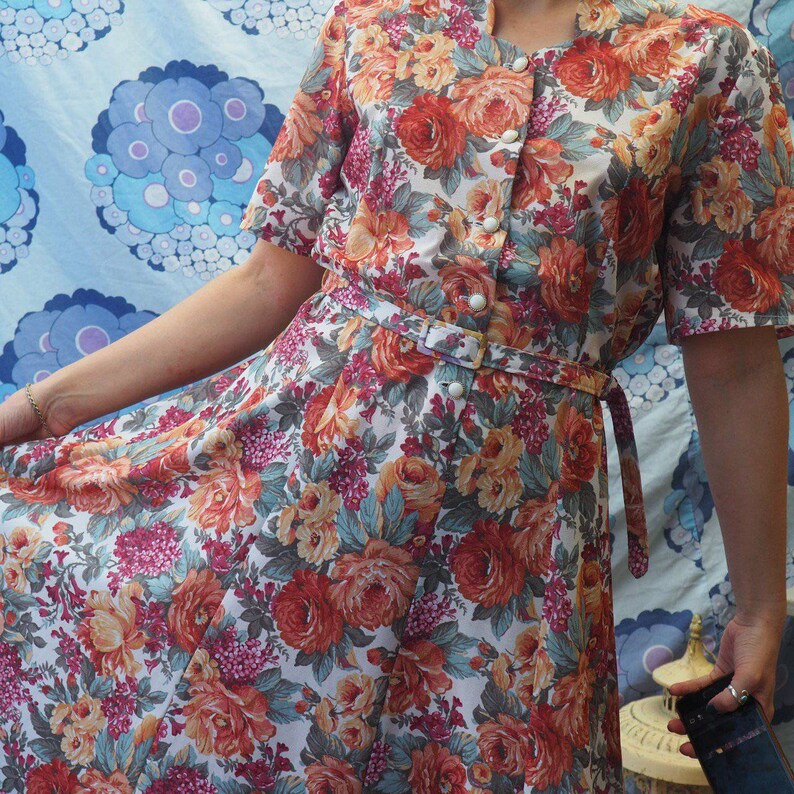 1980s Orange Floral Dress Vintage Dress Tea Dress Short Sleeve Etsy