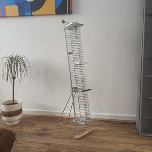 Wire Post Modern CD Tower With Pine Base 1990s Navy Blue Metal