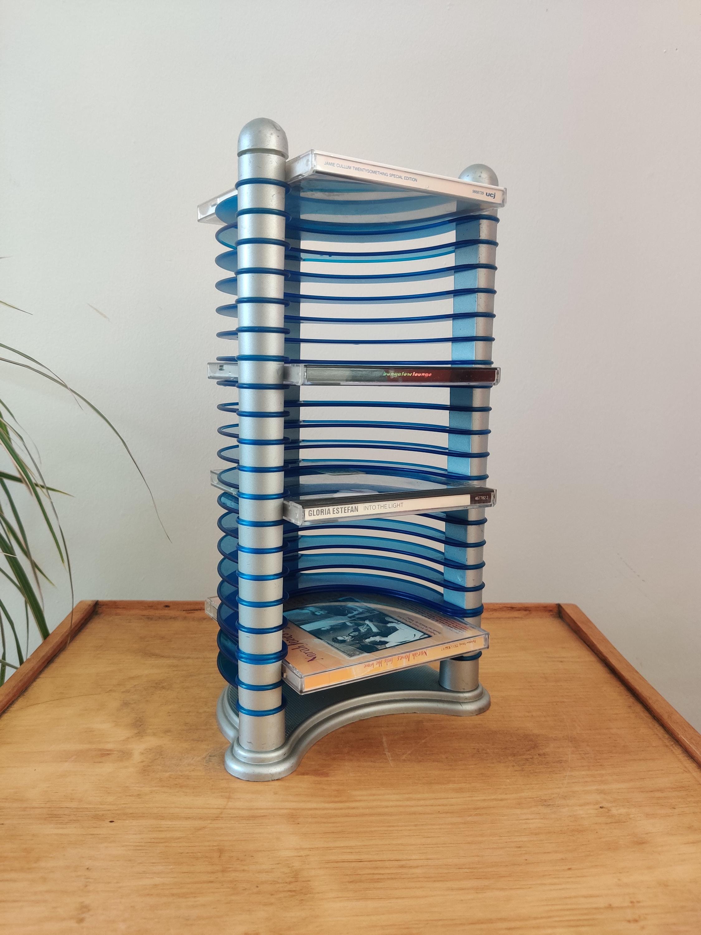 CD tower, vintage 1990s silver and blue plastic y2k vintage cd tower.