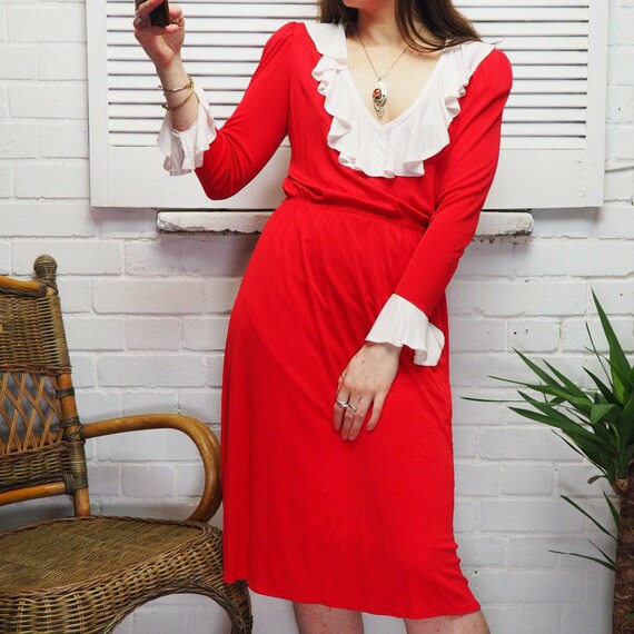 1980s Red and White Frilly Ruffle Midi Dress Day D