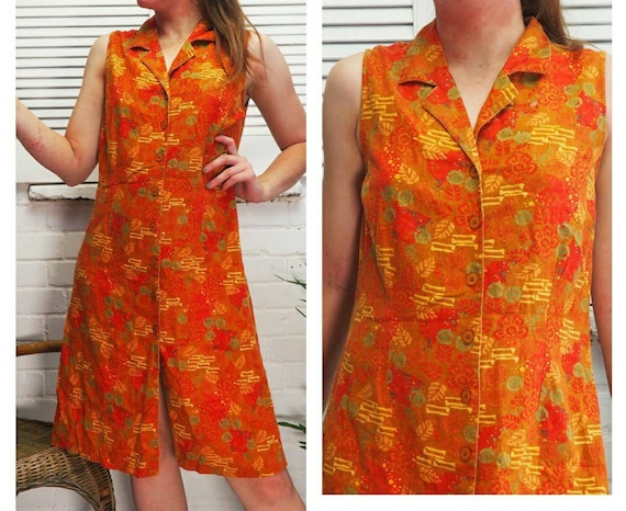 1990s 00s Orange Floral Dress Button Down Dress Su