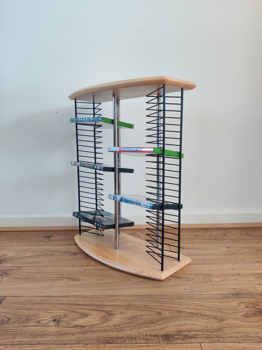 Retro Dvd Rack Vintage Metal and Wood DVD Tower Desktop or Floor Standing Lcan Hold 50 ...